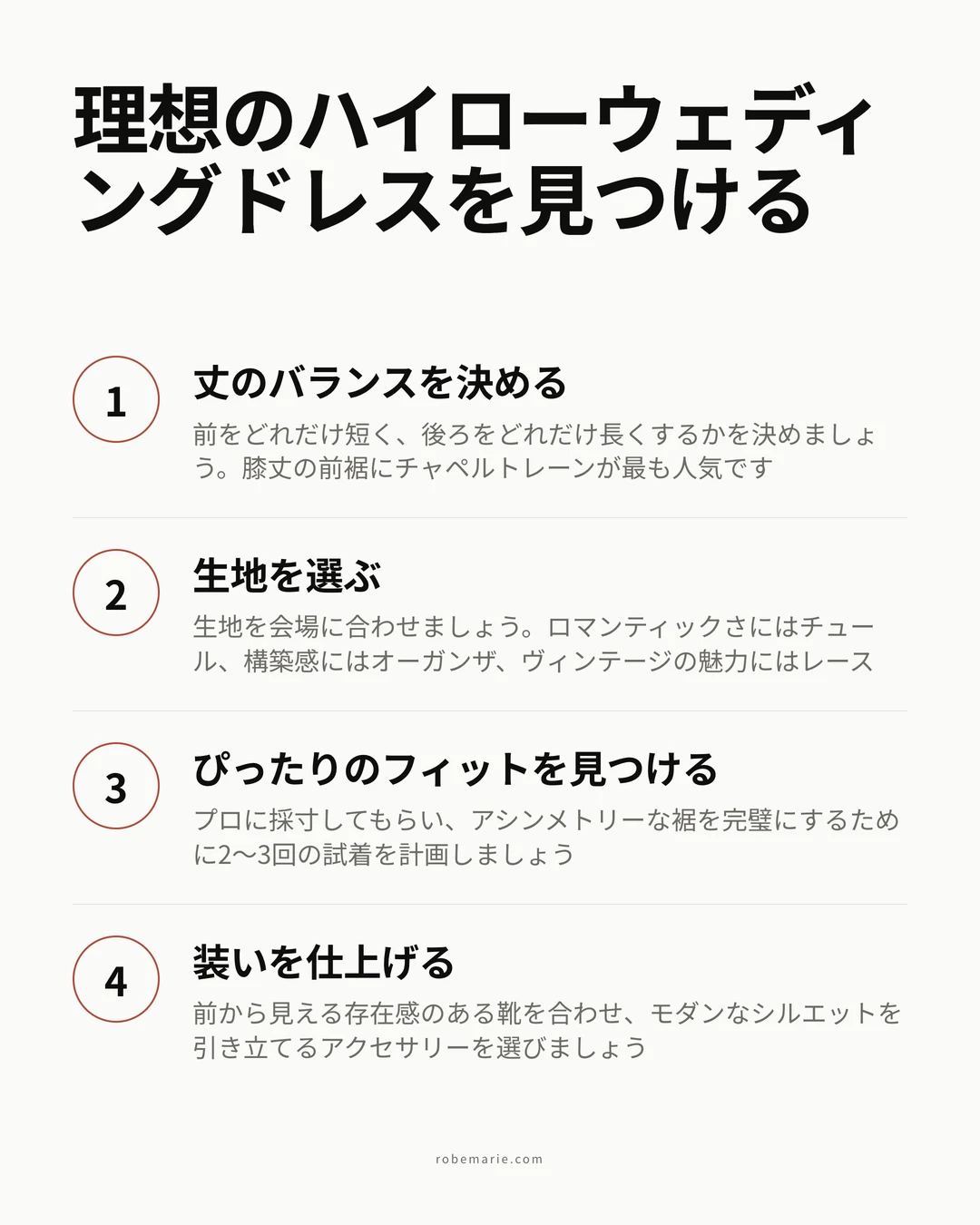 ブティックを訪れる前に、バーチャル試着でハイローウェディングドレスのスタイルをプレビューする方法を示すステップごとのプロセス