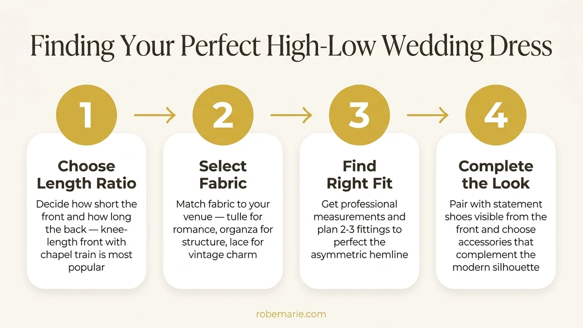 Step-by-step process showing how to use virtual try-on to preview high-low wedding dress styles before visiting boutiques