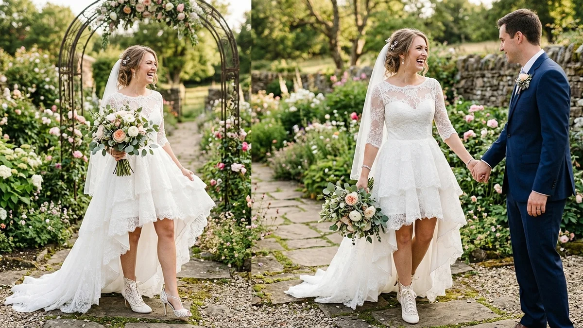 Four confident brides with different body types each wearing a uniquely styled high-low wedding dress in a sunlit bridal salon