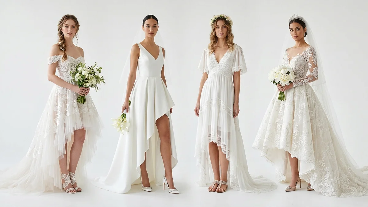 Bridal stylist adjusting a bride's cathedral-length veil as it contrasts with the knee-length front of her high-low dress in a luxury boutique