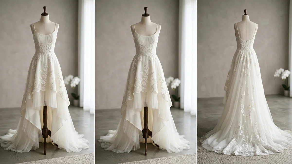Bride twirling in a lace high-low wedding dress on a sunlit garden terrace, showing off her statement heels as the longer back sweeps behind her
