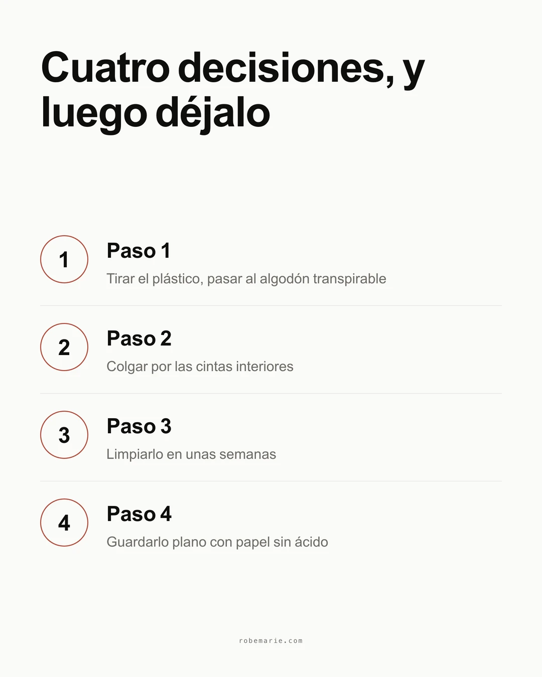 Infografía con cuatro pasos para guardar un vestido de novia: tirar la funda de plástico, colgar por las cintas interiores, limpiarlo en unas semanas, guardarlo plano con papel de seda sin ácido