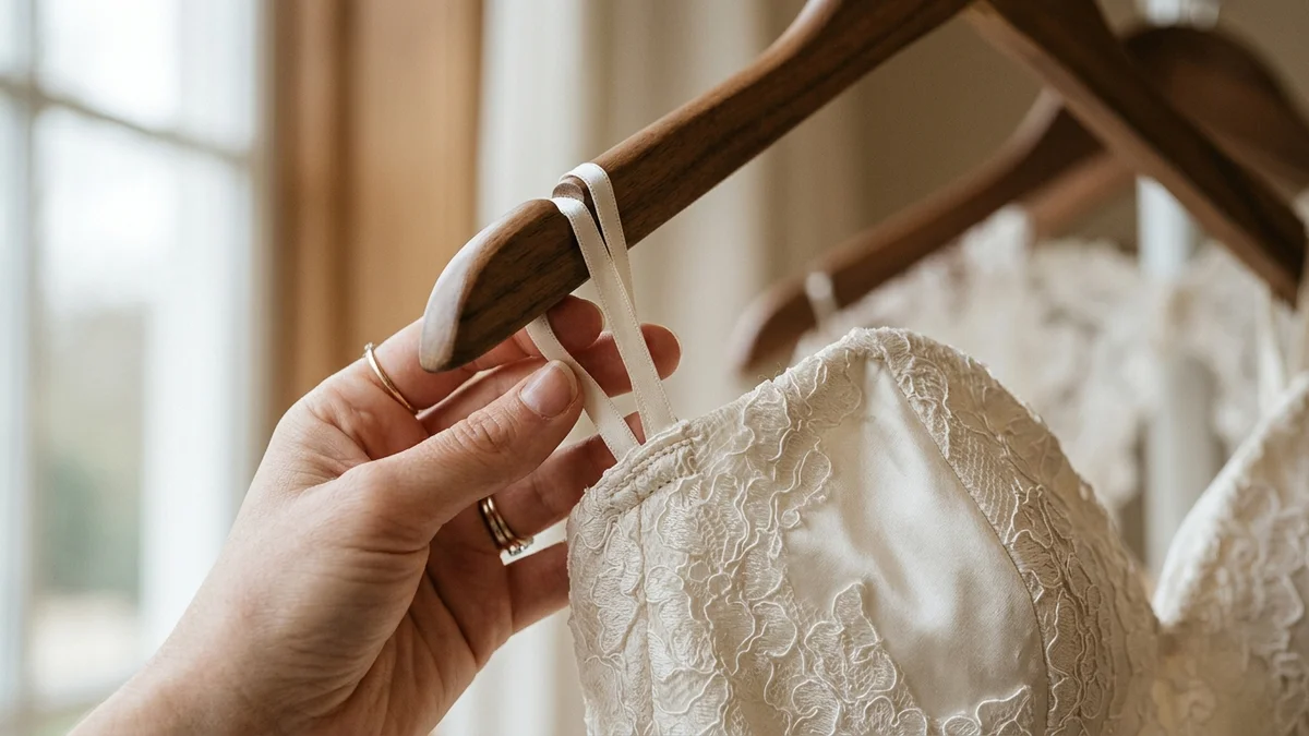 Primer plano de las cintas interiores cosidas en la costura lateral del cuerpo de un vestido de novia, levantadas hacia una percha de madera