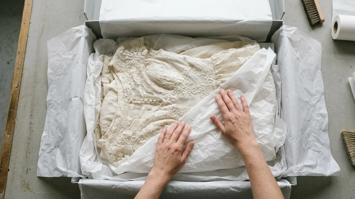 Vestido de novia doblado dentro de una caja de conservación sin ácido con papel de seda blanco entre las capas, unas manos alisando la tela
