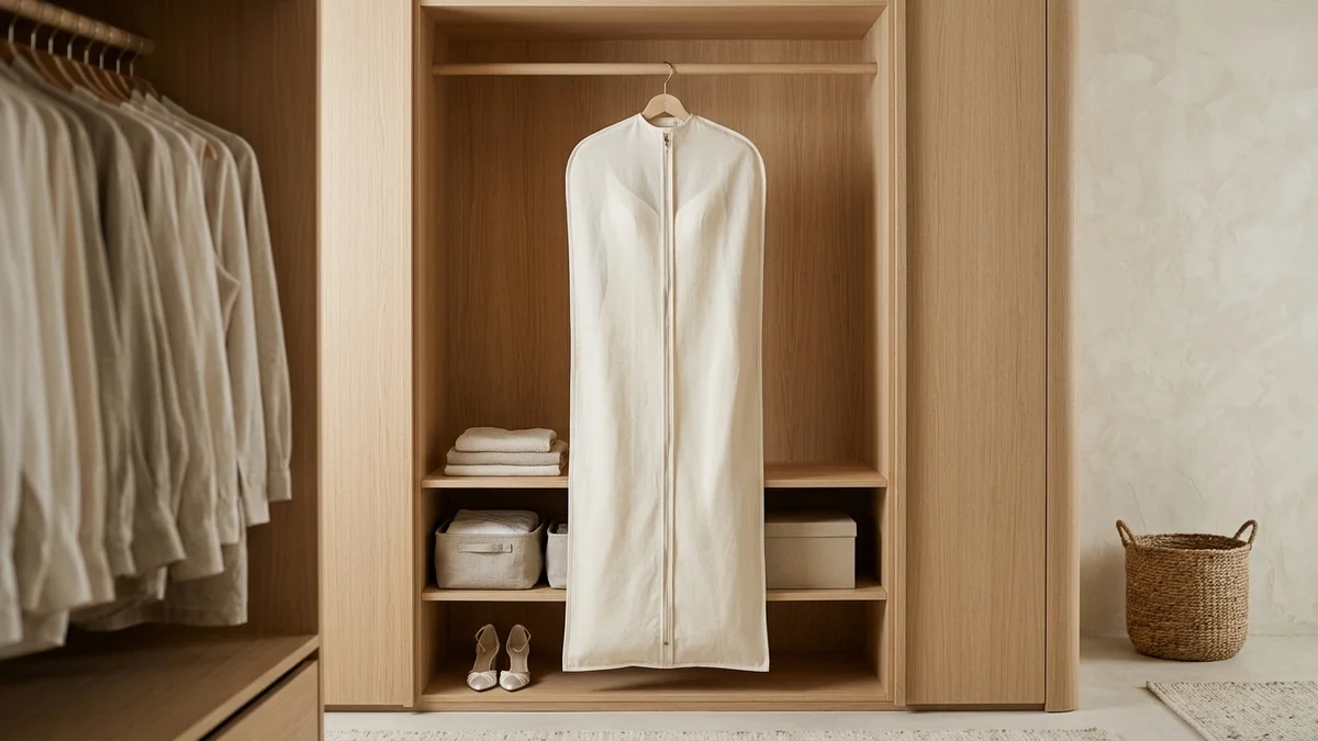 Vestido de novia en una funda de algodón transpirable colgado solo y con espacio alrededor dentro de un armario ordenado, el resto de la ropa apartada a los lados
