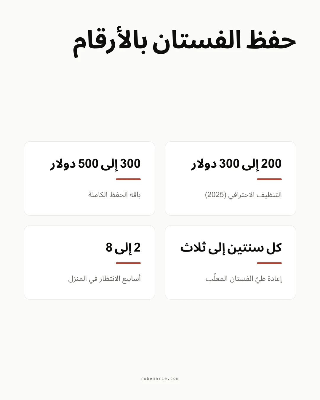 إنفوغرافيك عن حفظ فستان الزفاف: التنظيف الاحترافي 200 إلى 300 دولار في 2025، باقة الحفظ الكاملة 300 إلى 500 دولار، إعادة طيّ الفستان المعلّب كل سنتين إلى ثلاث، انتظاره في المنزل من أسبوعين إلى ثمانية