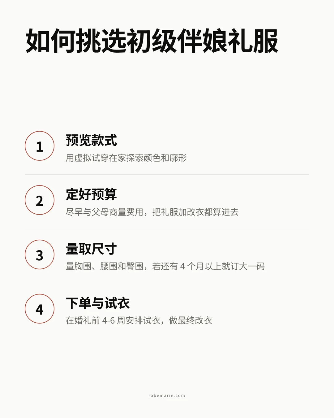 信息图展示从浏览到最终试衣挑选初级伴娘礼服的流程