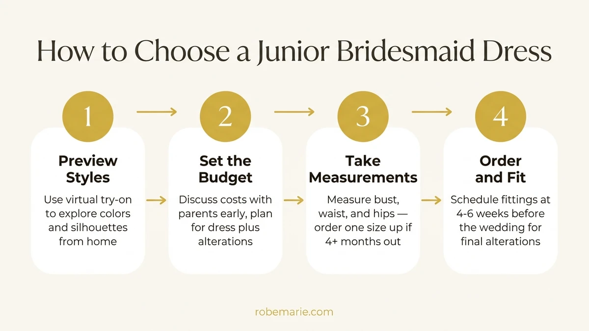 Infographic showing the process of choosing a junior bridesmaid dress from browsing to final fitting