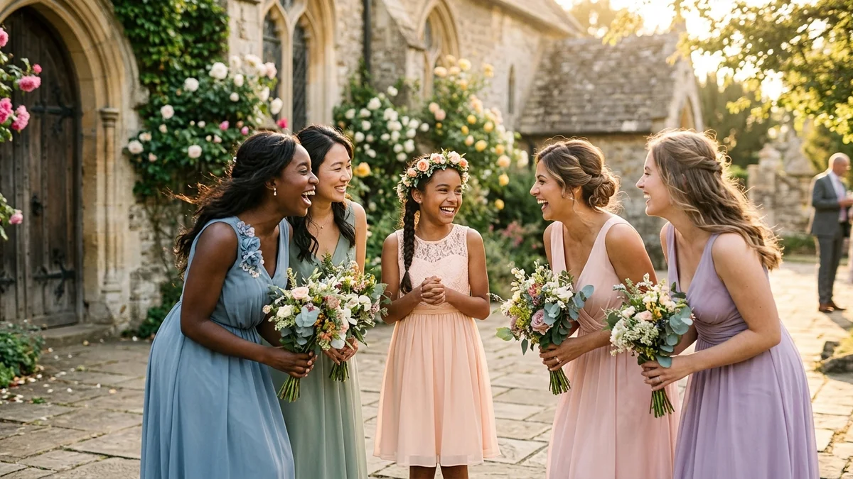 Young girl in an elegant chiffon dress standing with the bridal party in a sunlit church courtyard, candid lifestyle photography