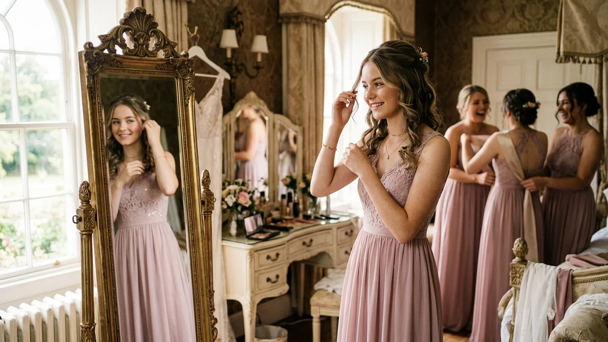 Teenage junior bridesmaid getting ready with bridesmaids, adjusting her hair in a mirror with warm natural lighting, editorial lifestyle photography