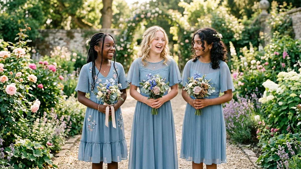 Three junior bridesmaids in coordinating dusty blue dresses with different necklines standing together in a garden, natural light editorial photography