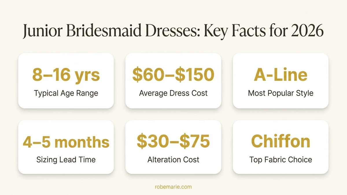 Infographic showing key junior bridesmaid statistics including average age, cost, and popular styles