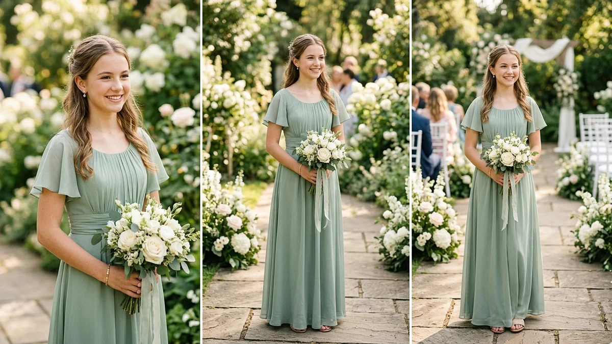 Young teen junior bridesmaid in elegant sage green dress smiling confidently at a sunlit garden wedding ceremony