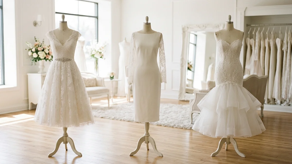 Three different knee-length wedding dress silhouettes on elegant dress forms in a bright luxury bridal boutique