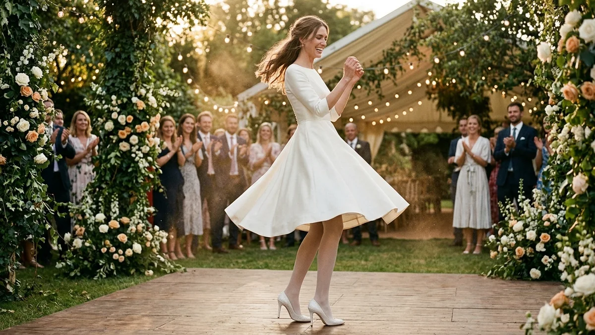 Happy bride dancing freely at an outdoor garden wedding in a knee-length A-line dress at golden hour