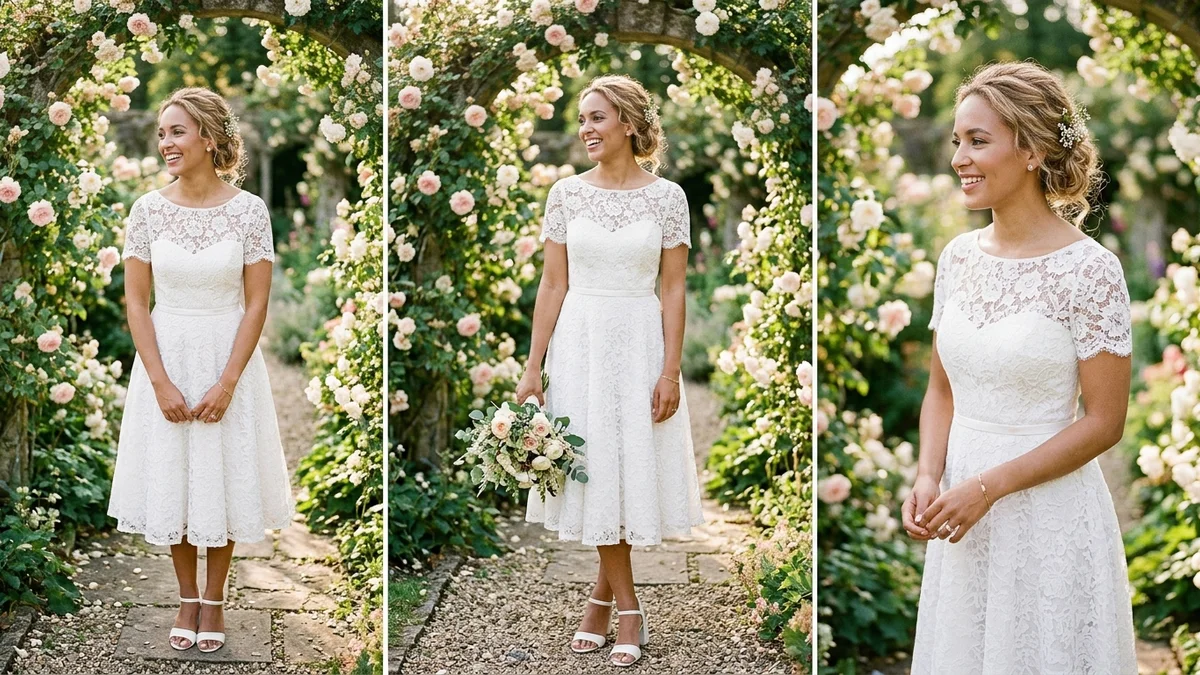 Confident modern bride wearing a chic knee-length white wedding dress in a sunlit rose garden