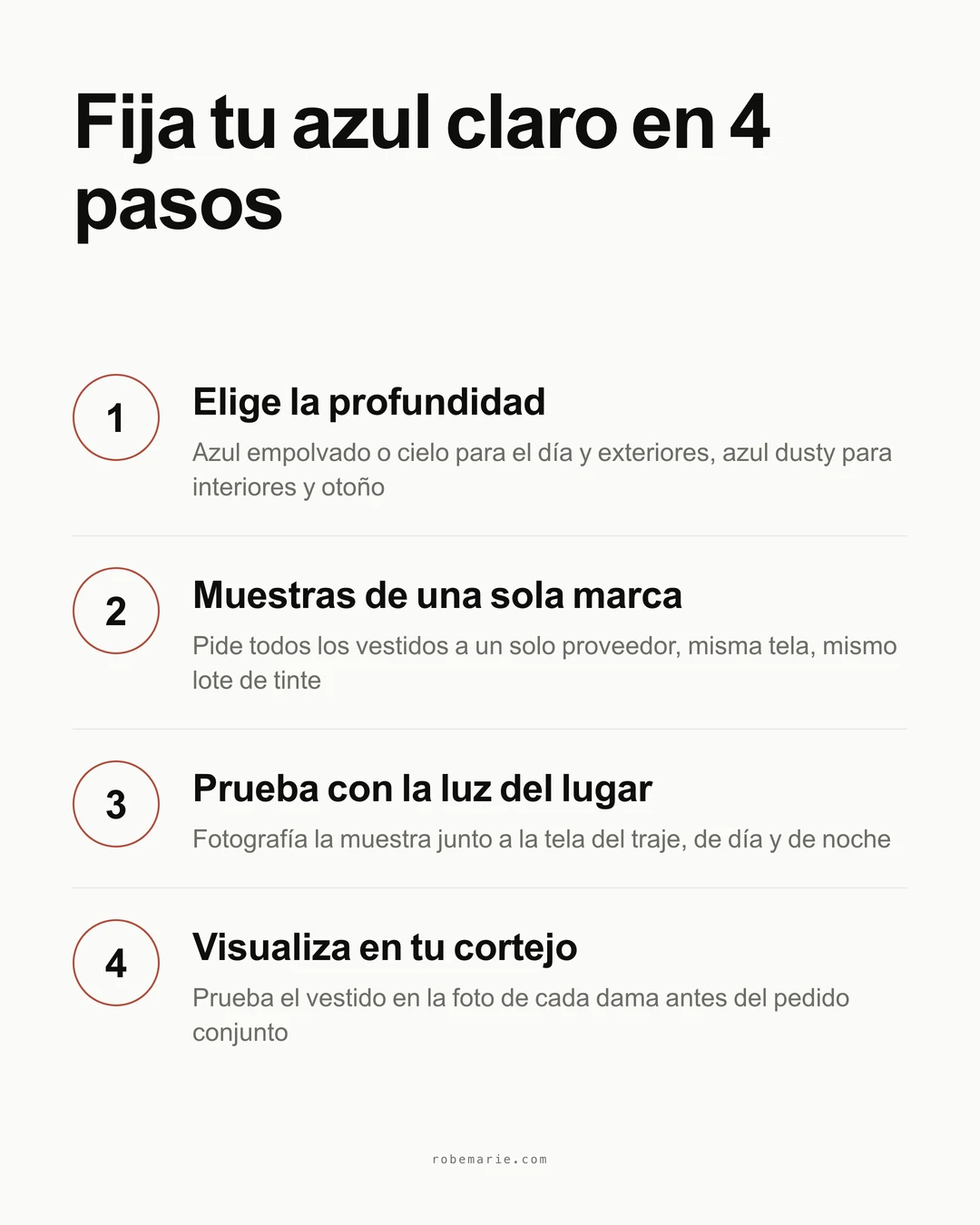 Cuatro pasos para cerrar un cortejo de damas de honor en azul claro: elige la profundidad, pide muestras a una sola marca, pruébalas con la luz del lugar junto al traje, previsualiza sobre las fotos de tu cortejo