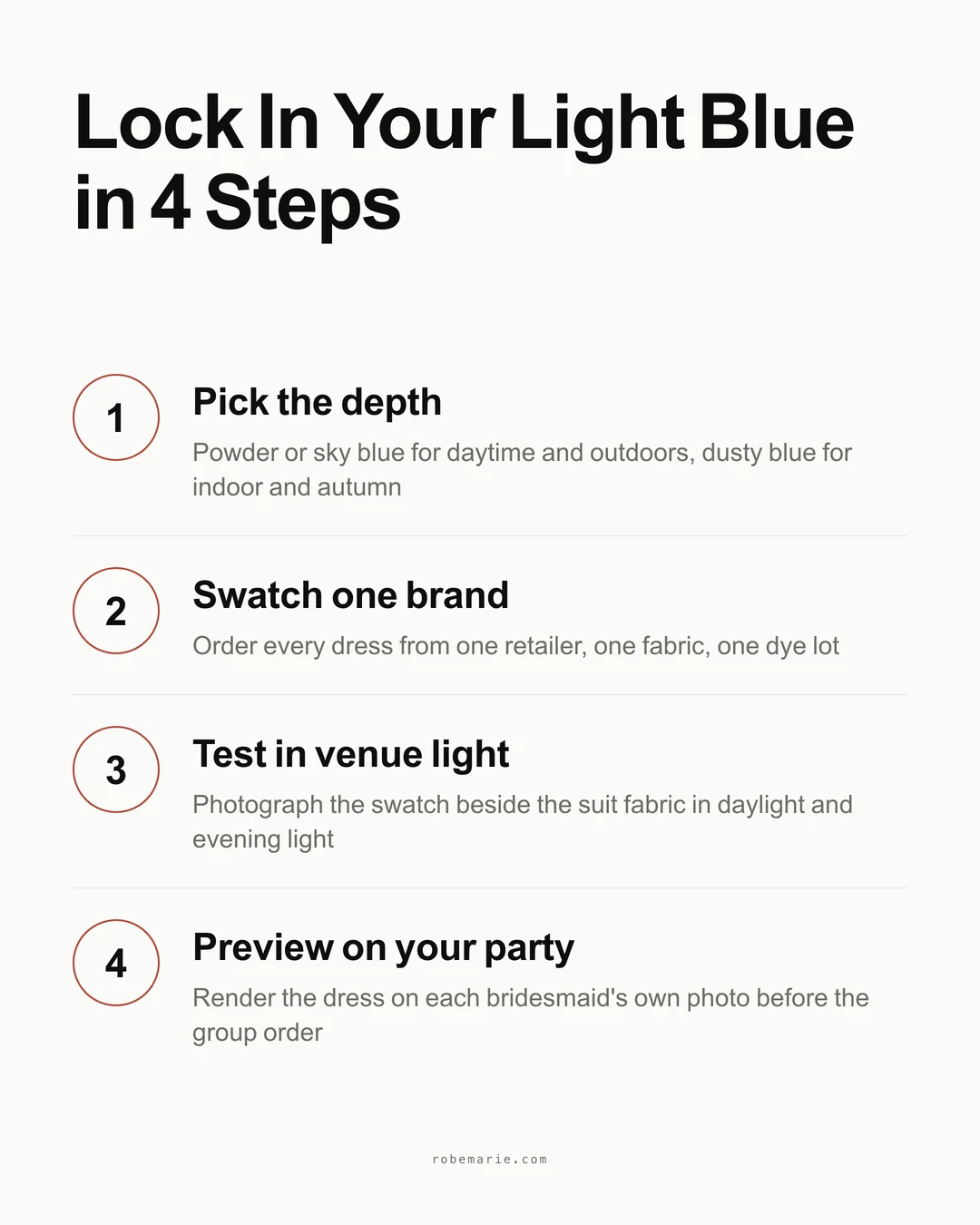 Four steps to lock in a light blue bridesmaid lineup: pick the depth, order swatches from one brand, test in venue light beside the suit, preview on your party's photos