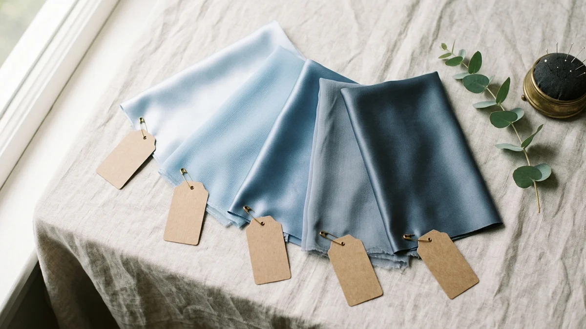 Five fabric swatches fanned on a linen table, from pale powder blue to grey-washed dusty blue, a handwritten label pinned to each one