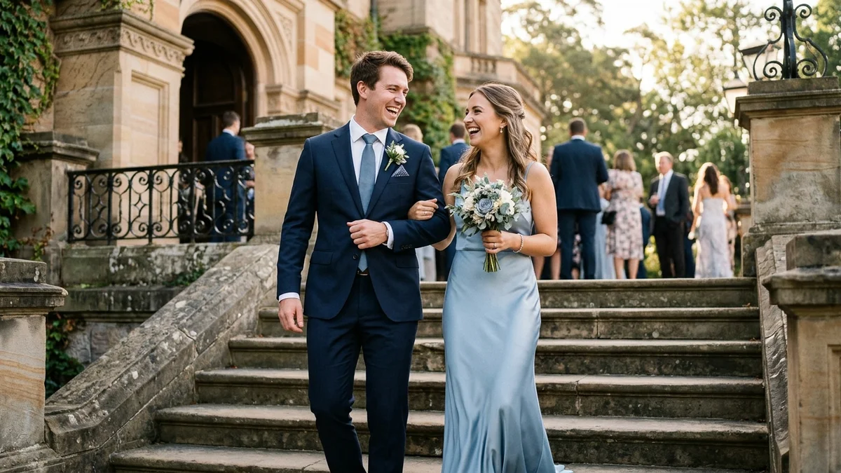 A groomsman in a navy suit with a dusty blue tie offering his arm to a bridesmaid in a light blue satin gown, both laughing on a courthouse step