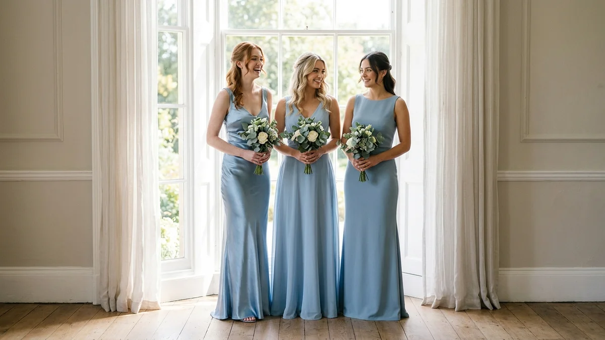 Three bridesmaids photographed in the same light blue under one window: satin catching a bright highlight, chiffon glowing softly, crepe reading flat and true