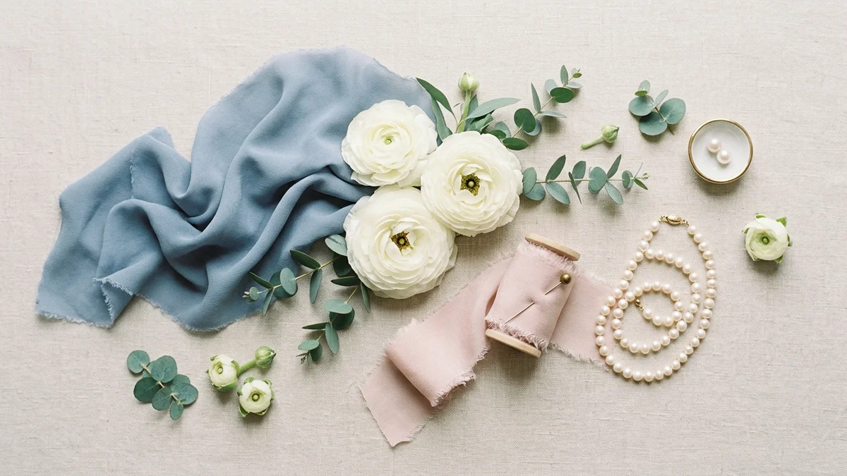 Flat lay on pale linen: a dusty blue chiffon swatch beside white ranunculus, eucalyptus, a blush ribbon and a strand of pearls