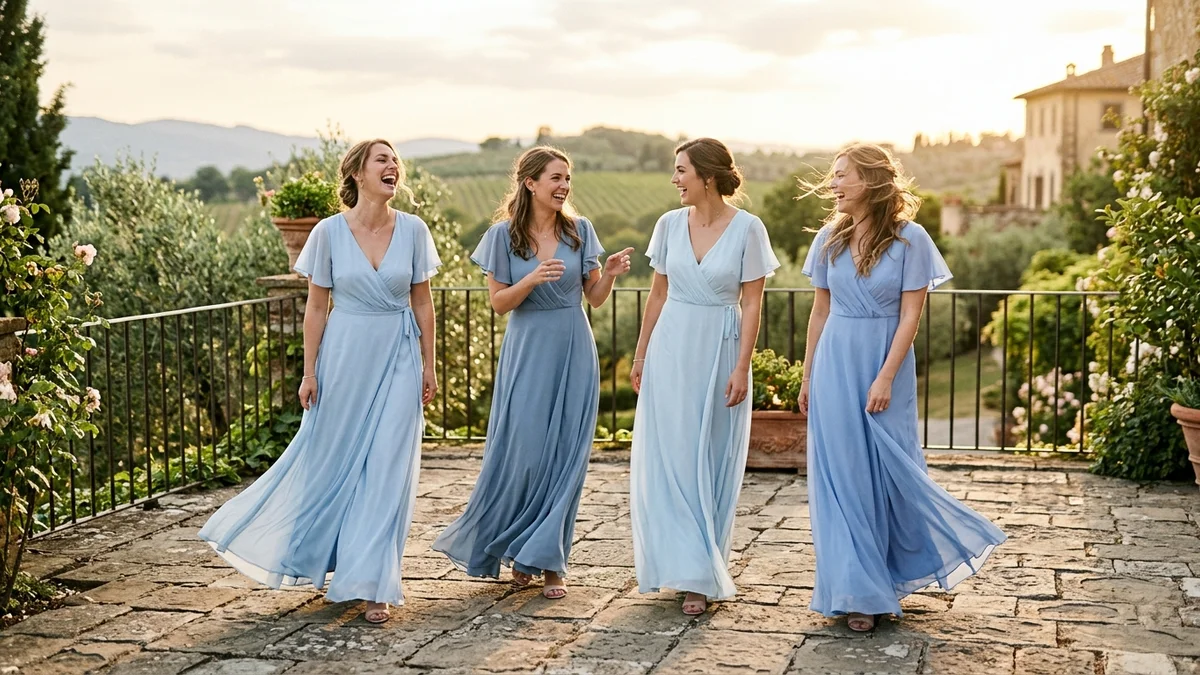 Four bridesmaids in light blue chiffon dresses laughing on a stone terrace at golden hour, the shades shifting from powder blue to dusty blue as the breeze lifts the skirts