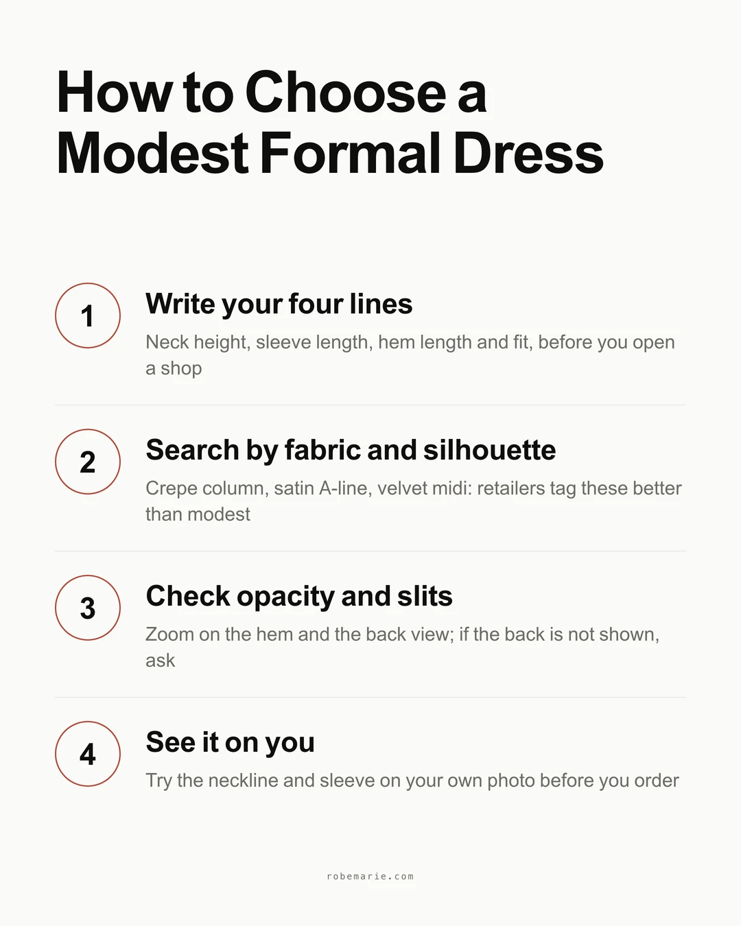 How to choose a modest formal dress in four steps, from writing your coverage rules to a virtual try-on