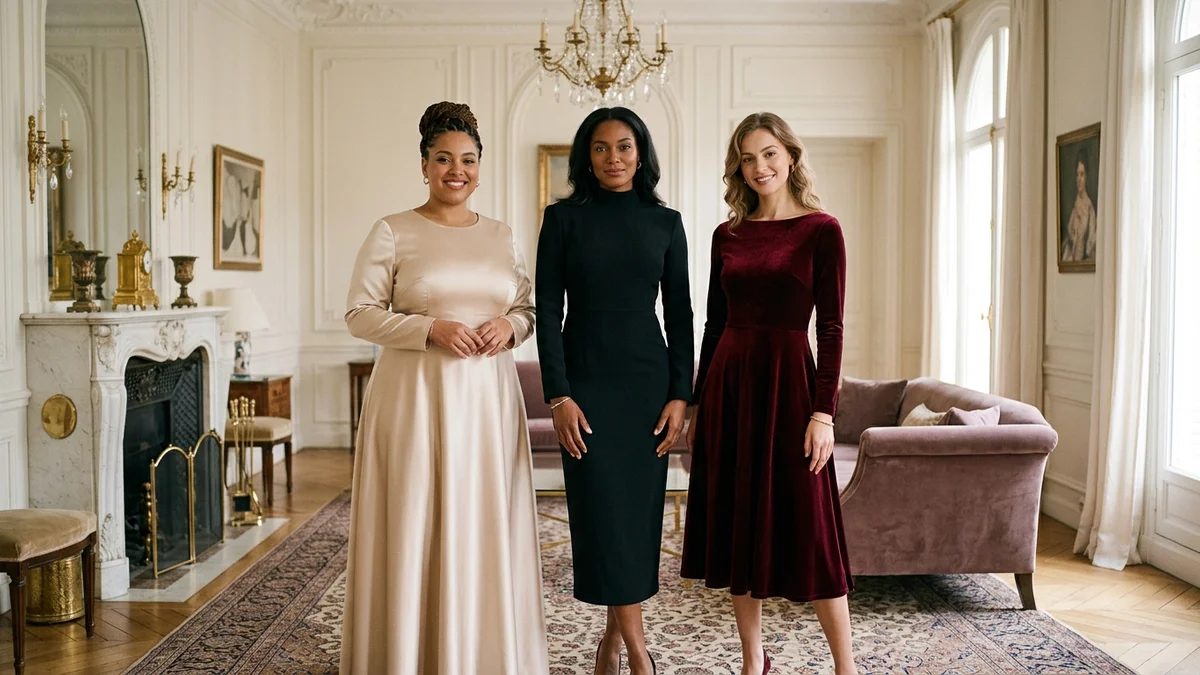 Tres mujeres con vestidos formales modestos una junto a otra: un vestido largo champán de línea A con mangas largas, un vestido columna negro con cuello mock y un midi fit-and-flare de terciopelo burdeos