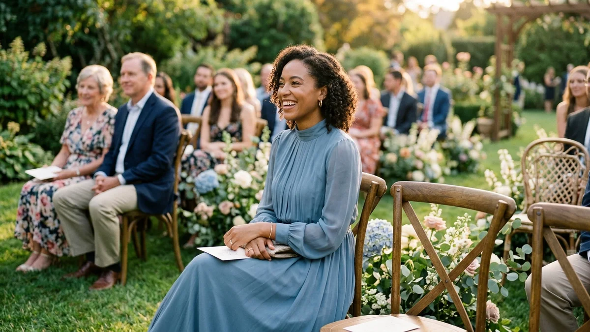 Invitada de boda con un vestido largo de gasa azul empolvado de manga larga y escote alto, sentada en una ceremonia al aire libre con luz dorada