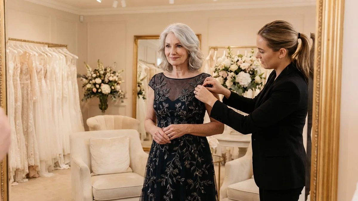 Elegant mother of the groom in a formal gown at a wedding celebration