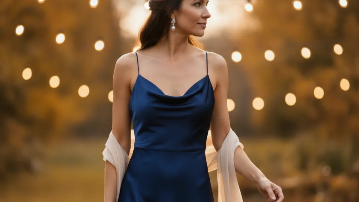 Wedding guest in a navy blue satin midi dress with a champagne chiffon shawl over her arm at a golden-hour autumn garden reception