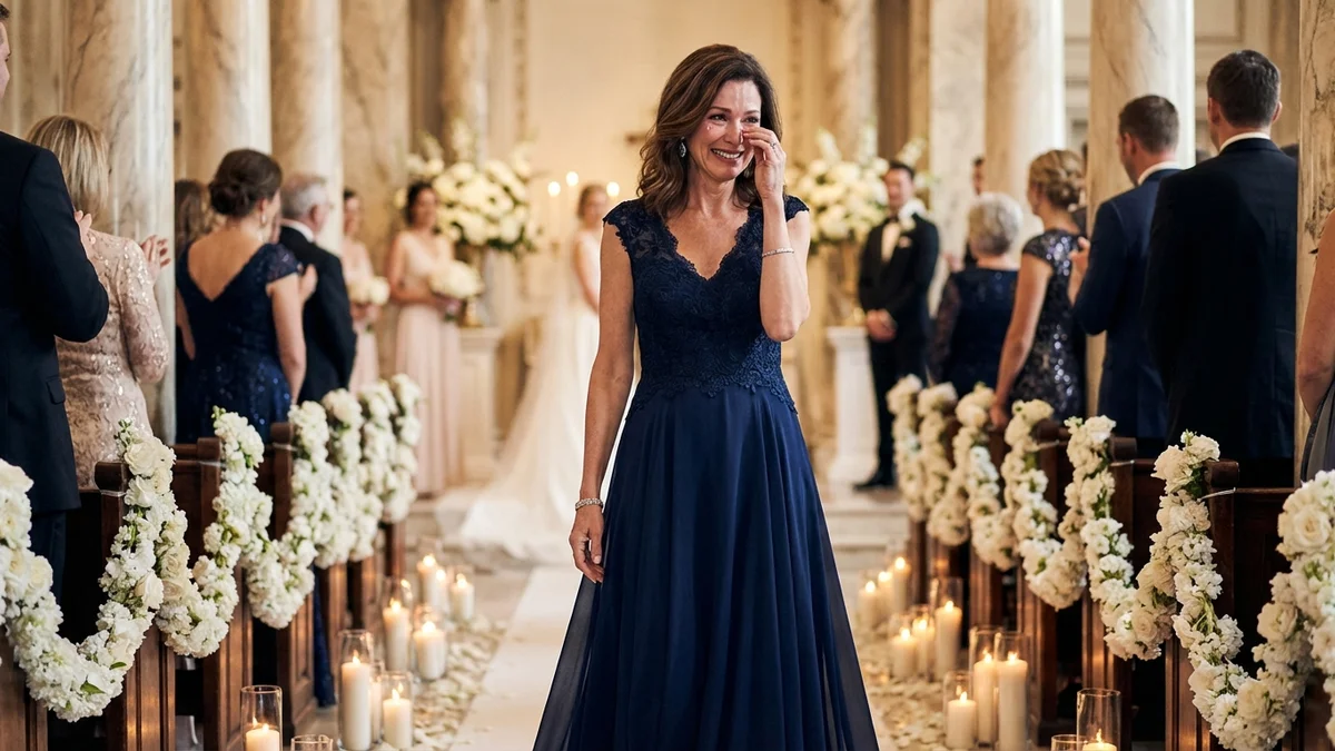 Elegant mother of the bride in a navy gown at a wedding venue