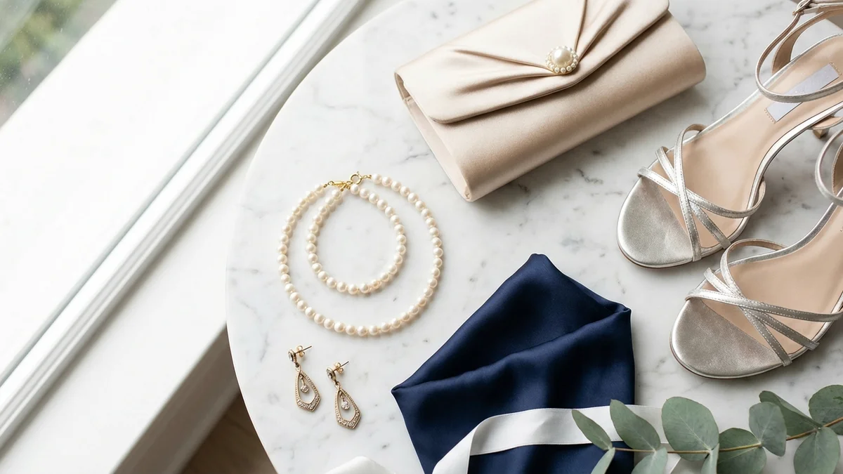 Bridal accessories styled with navy dress on marble tray