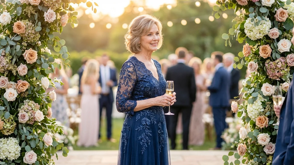 Elegant mother of the bride wearing a sophisticated navy floor-length gown at a wedding celebration