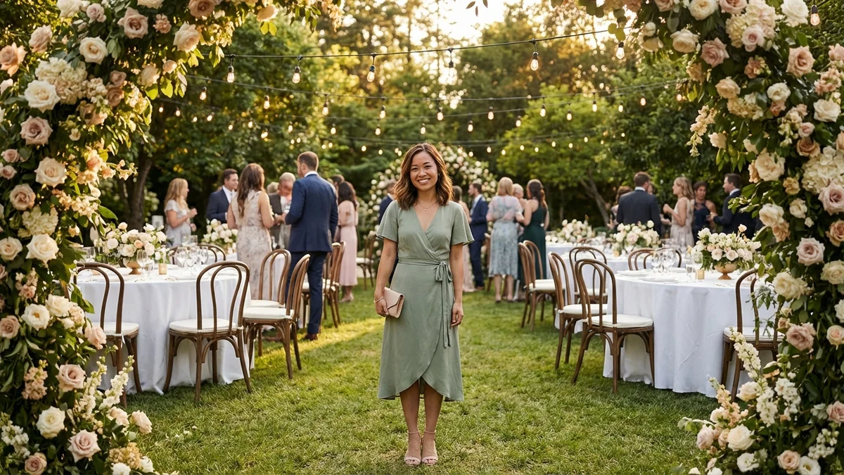 Petite woman wearing an elegant knee-length wedding guest dress in a garden party setting