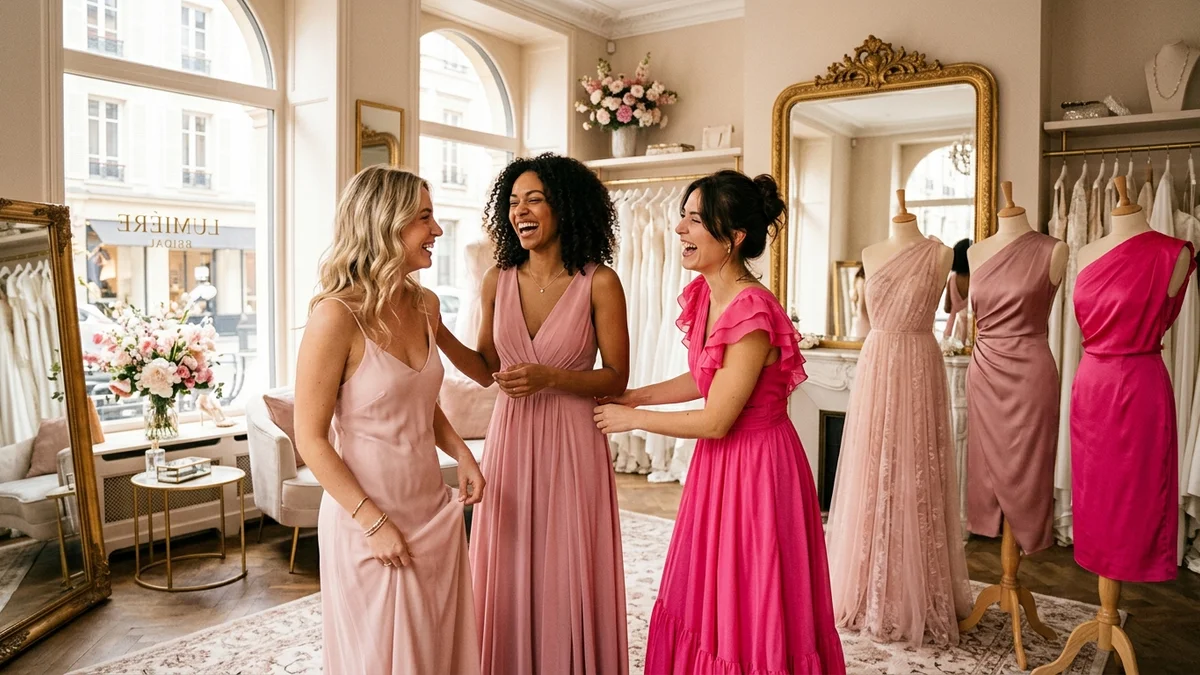 Three women comparing different pink dress shades in a luxury bridal boutique, blush dusty rose and hot pink fabrics visible, warm natural lighting