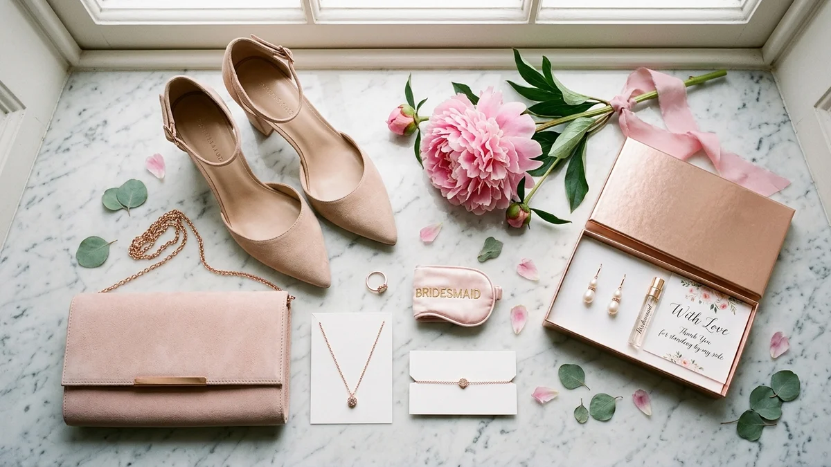 Flat lay of pink bridesmaid accessories on marble, rose gold jewelry, blush clutch, nude heels, pink peony, elegant styling