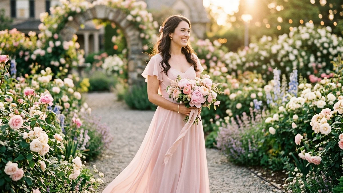 Maid of honor in a flowing blush pink chiffon dress holding a peony bouquet in a romantic garden at golden hour