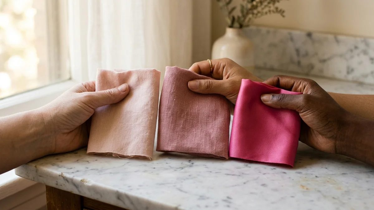 Trois échantillons de tissu rose en blush, vieux rose et fuchsia tenus contre différentes carnations à la lumière naturelle du jour