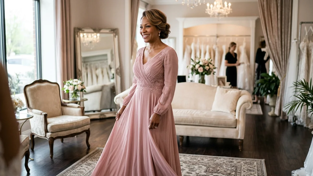 Mère de la mariée dans une robe vieux rose ligne A fluide, debout dans un élégant salon nuptial