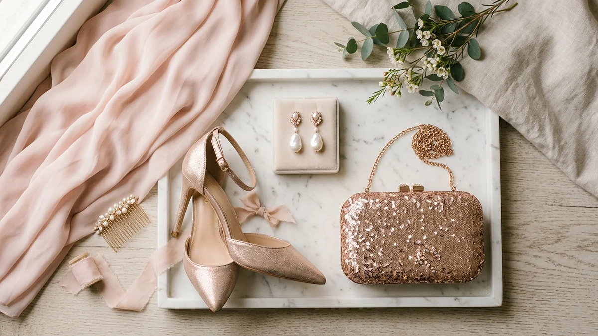 Boucles d'oreilles en perles, pochette or rose et talons métallisés disposés sur un plateau en marbre à côté d'un tissu rose doux