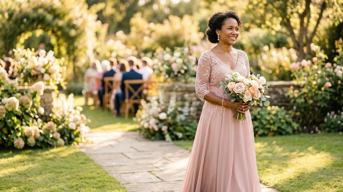Mãe da noiva usando um elegante vestido longo rosa blush em um casamento ao ar livre em jardim ensolarado