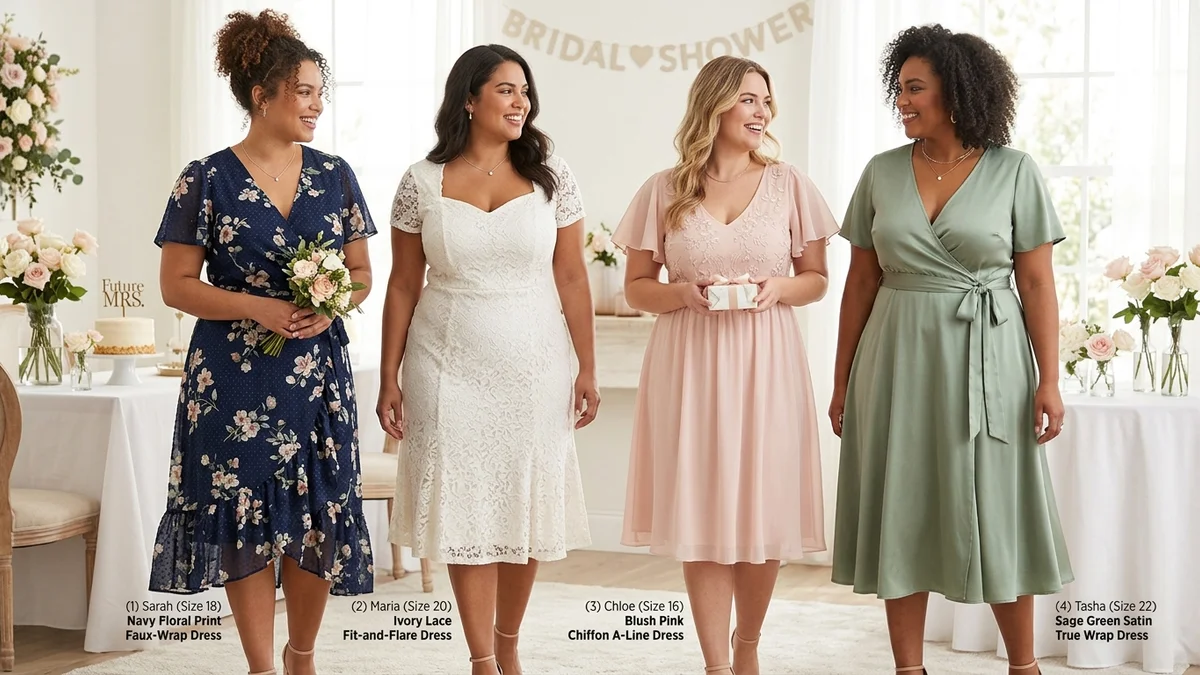 Confident plus-size bride trying on a white A-line bridal shower dress in a luxury boutique with warm lighting