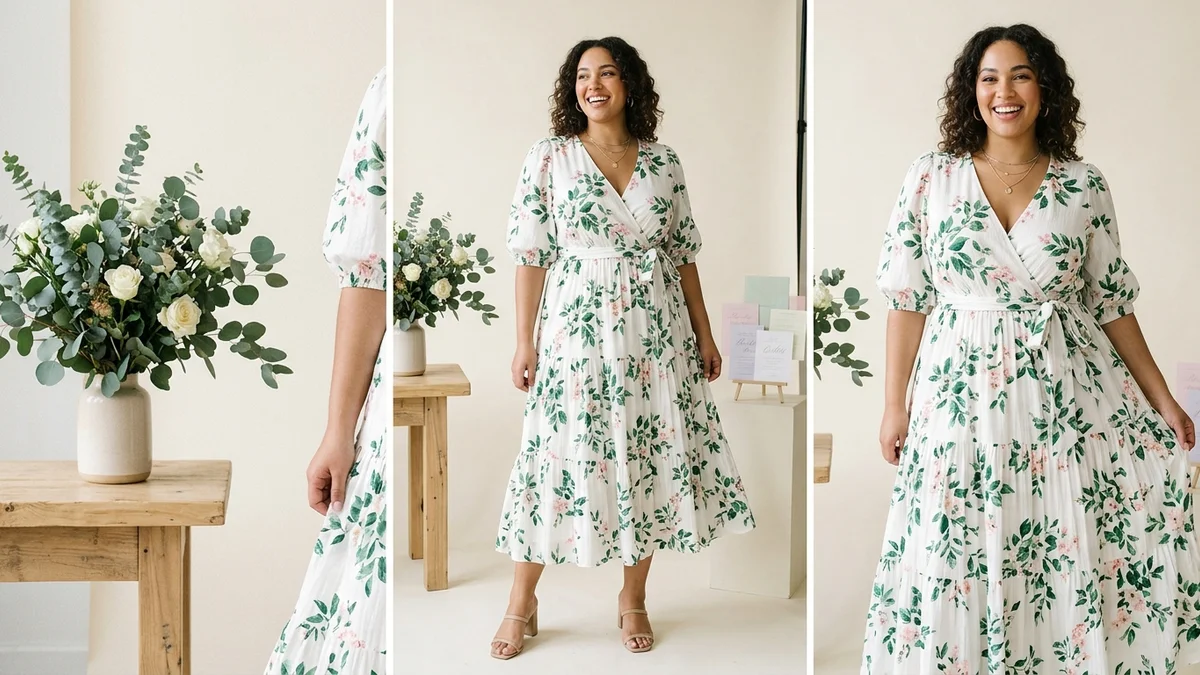 Beautiful plus-size bride-to-be in elegant white wrap dress at her bridal shower celebration with soft floral decorations and warm lighting