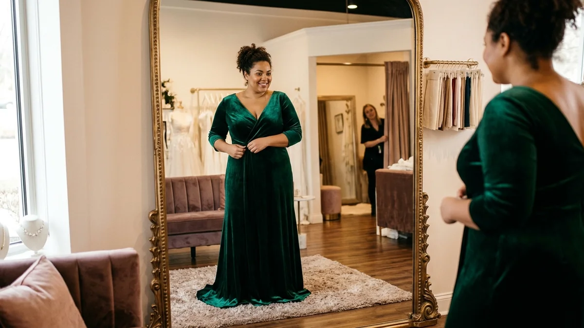 Plus-size woman trying on floor-length formal dress in upscale boutique, mirror reflection, warm lighting