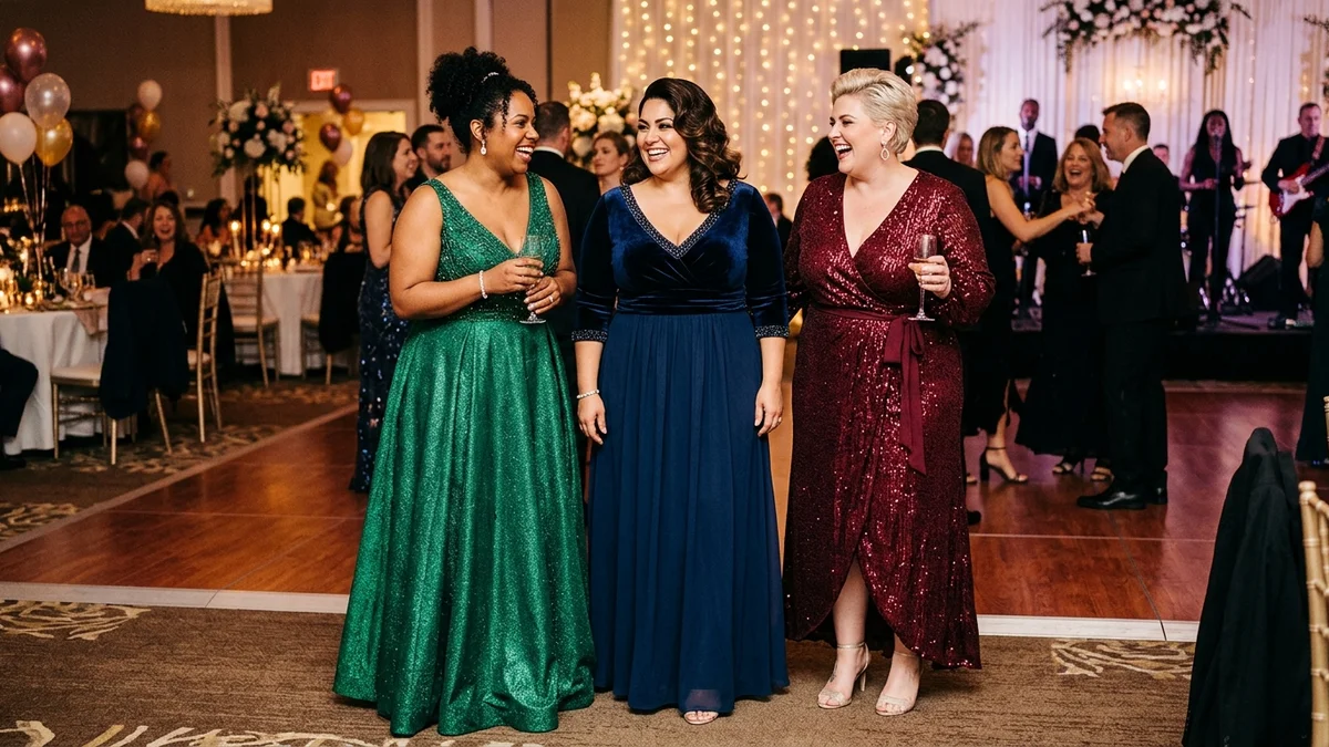Three plus-size women in different formal dress styles including A-line, empire waist, and wrap silhouettes at a celebration