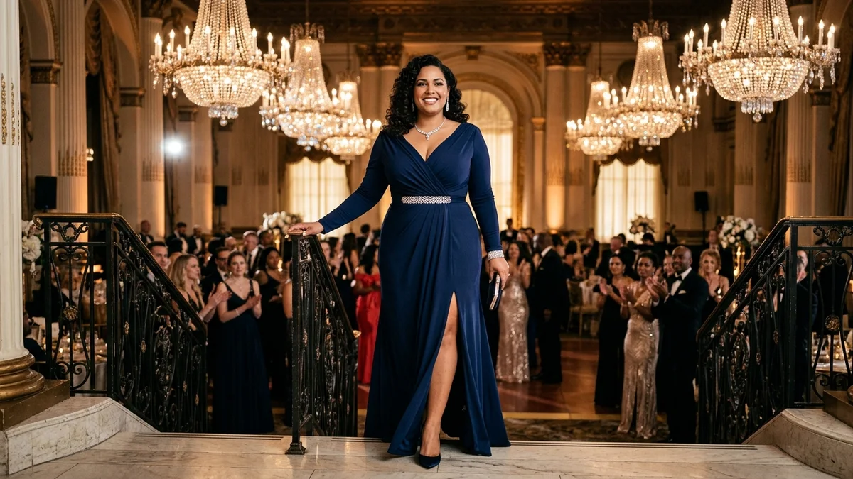 Confident plus-size woman in elegant navy formal gown at a luxury event venue with crystal chandeliers