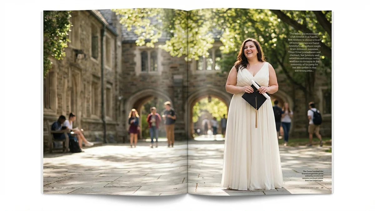 Beautiful plus size woman wearing an elegant A-line graduation dress in a celebratory setting