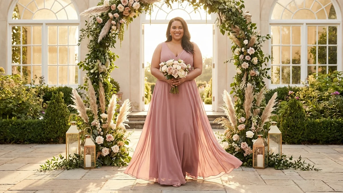 Plus size maid of honor wearing an elegant A-line chiffon dress in a romantic wedding setting
